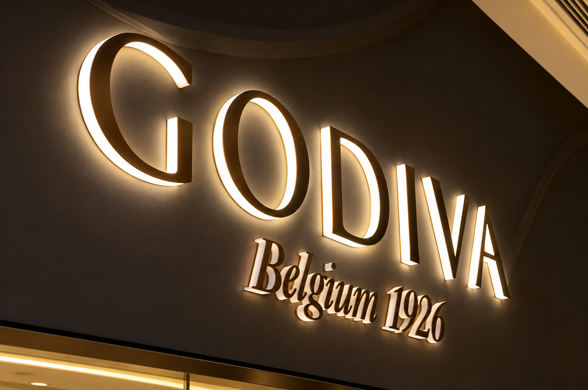 Edge-lit business name installed above an UK retail entrance