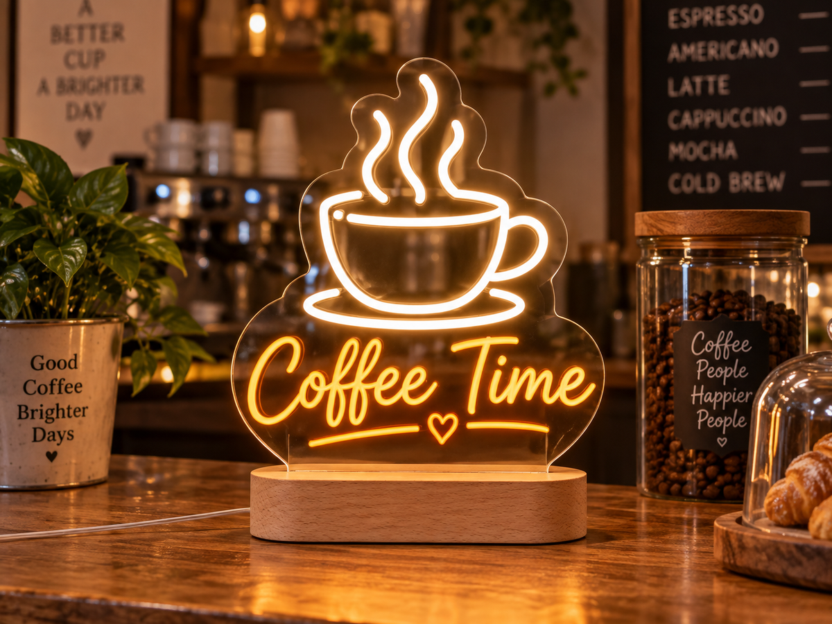 Personalised LED neon lettering on a clear acrylic panel and wooden base